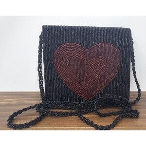 Vtg 80s Black Red Hand Beaded Heart Crossbody Strap Snap Purse Evening Bag
